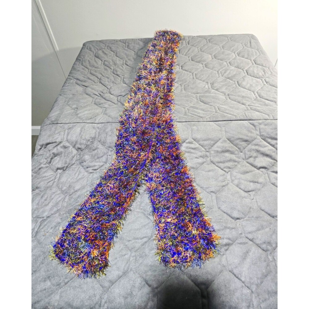 Vintage Y2K Handmade Eyelash Yarn Scarf Whimsigoth Boho Fuzzy Knit Multicolor